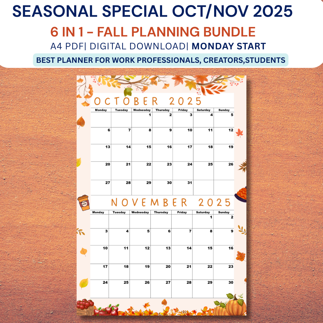 Seasonal Special|Bi-Monthly Calendar for October 2025 & November 2025, Monday Start,A4 PDF,Digital Download