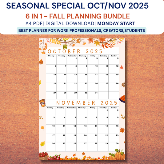 Seasonal Special|Bi-Monthly Calendar for October 2025 & November 2025, Monday Start,A4 PDF,Digital Download
