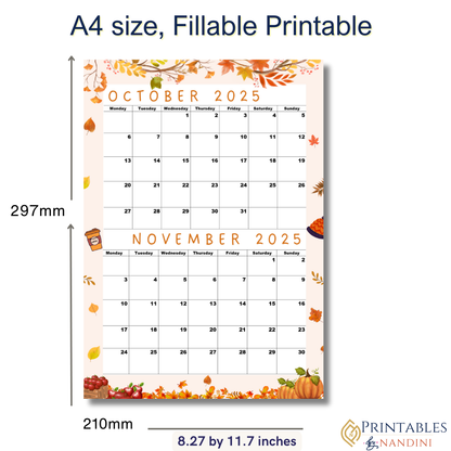 Seasonal Special|Bi-Monthly Calendar for October 2025 & November 2025, Monday Start,A4 PDF,Digital Download