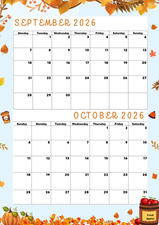 Seasonal Special|Bi-Monthly Calendar for September 2025 & October 2025, Monday Start,A4 PDF,Digital Download
