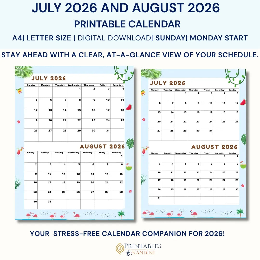 July and August 2026 printable calendar with tropical designs, A4/Letter size, digital download