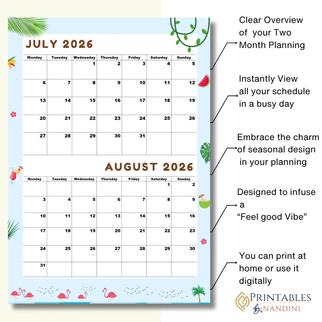 July August 2026 printable calendar with tropical design for home or office planning