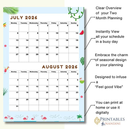 July August 2026 printable calendar with tropical design for home or office planning