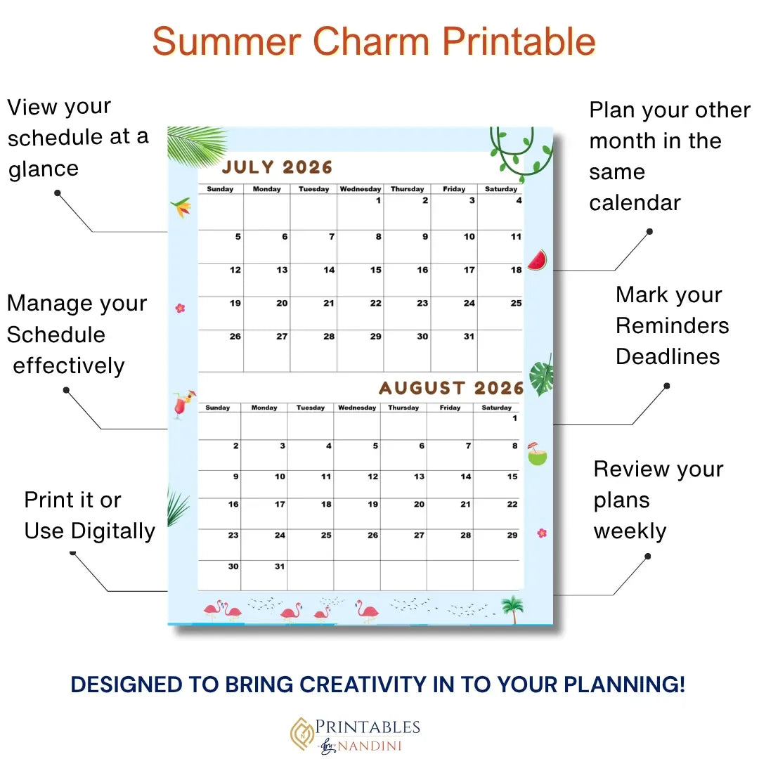 Summer Charm Printable 2026 Calendar with July and August, featuring flamingos and tropical designs for planning.