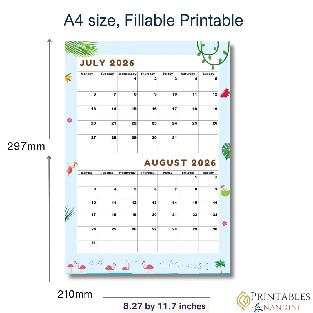 A4 size 2026 printable calendar with July and August, tropical design, fillable for home or office use