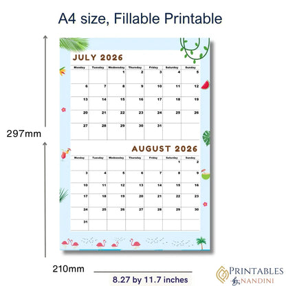 A4 size 2026 printable calendar with July and August, tropical design, fillable for home or office use