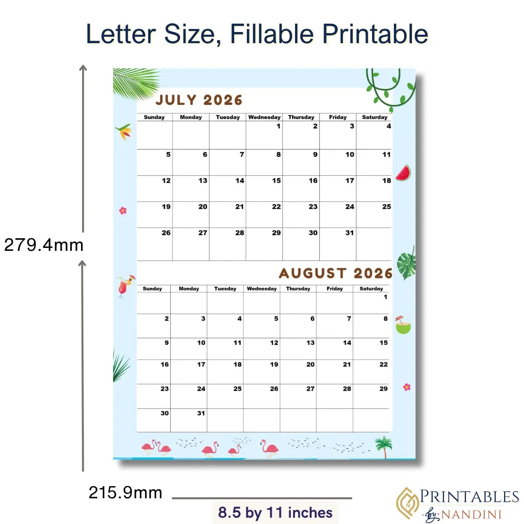 Fillable 2026 printable calendar with July and August, tropical design, letter size 8.5x11 inches