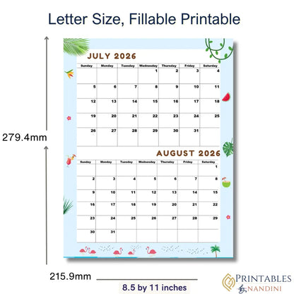 Fillable 2026 printable calendar with July and August, tropical design, letter size 8.5x11 inches