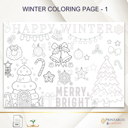 Winter Coloring Sheet | A4 Printable PDF| 3 Page Coloring worksheet