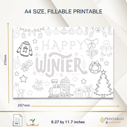 Winter Coloring Sheet | A4 Printable PDF| 3 Page Coloring worksheet